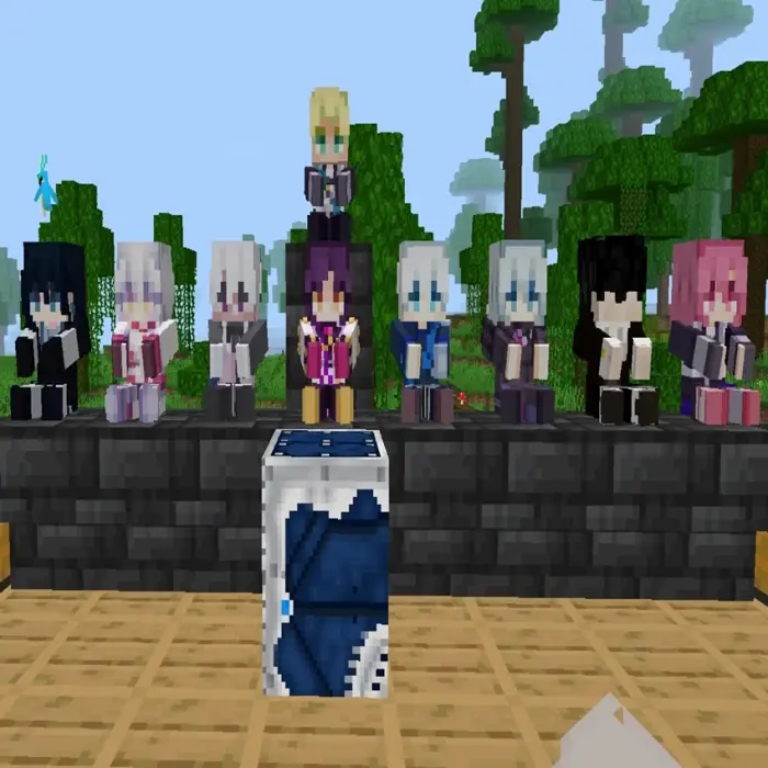 Anime characters displayed above a blue box.