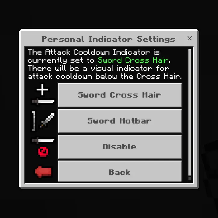 Settings menu for attack cooldown indicator