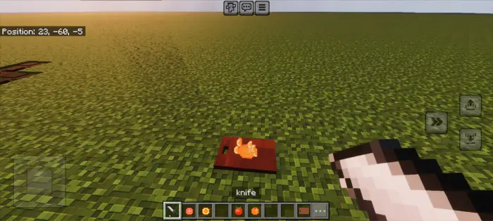 Knife and cutting board on grass block