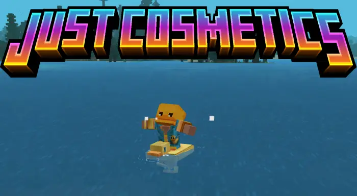 Blocky character with hat and backpack on water