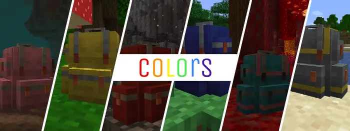 Colorful backpacks in a row on different biomes