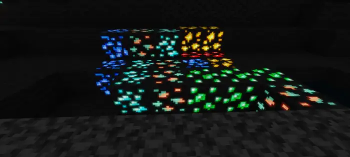 Glowing colorful ores in a dark cave.