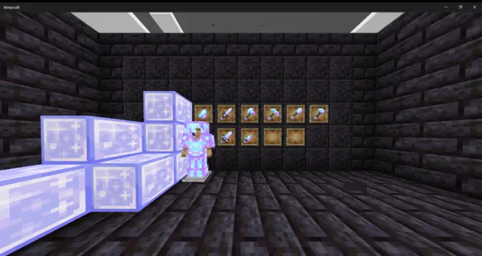 Player in glowing armor beside weapons display