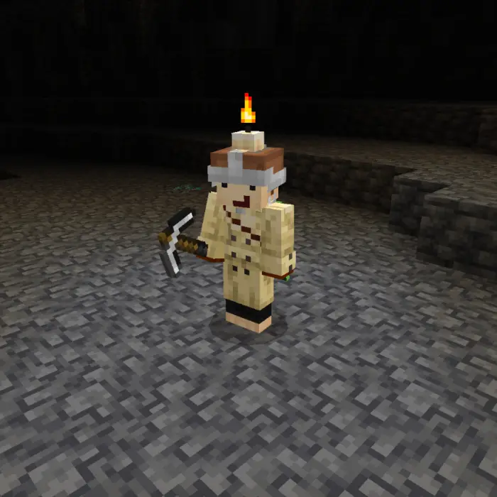 Character with a torch helmet and pickaxe