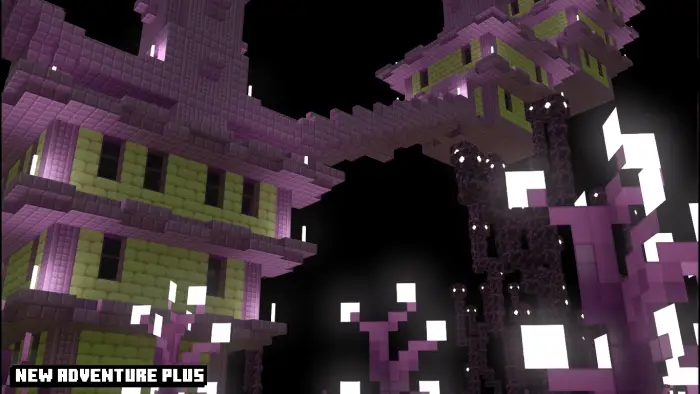 Purple fantasy towers and glowing plants at night