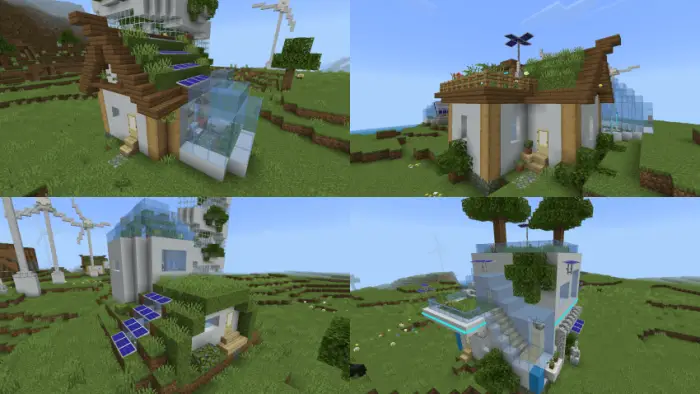 1. Modern eco house with solar panels 2. Futuristic home with rooftop garden 3. Green-roofed house and solar panels 4. Glass