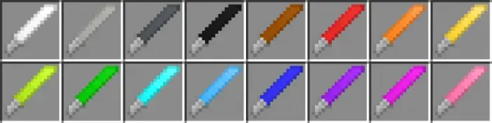Pixel art futuristic swords in various colors