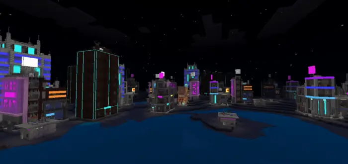 Futuristic neon cityscape at night