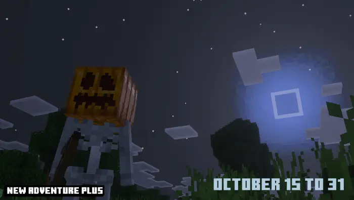 Skeleton with pumpkin head under night sky