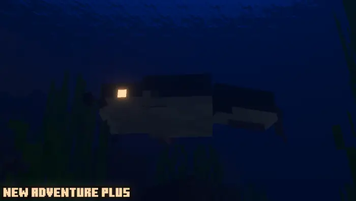 Blocky anglerfish swims in dark ocean.