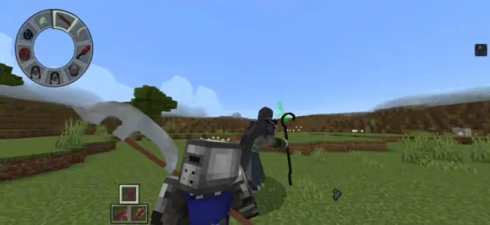 Armored knight battles a dark mage outdoors.
