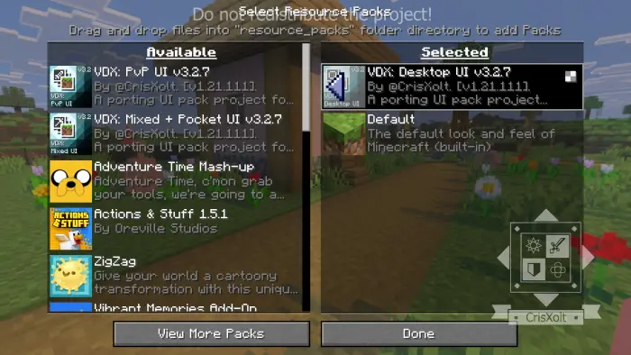 Resource packs menu with VDX Desktop UI selected