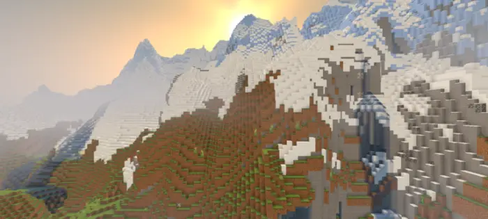Vivid sunrise over pixelated snowy mountains