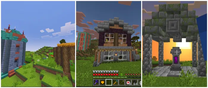 1. Fortified tower on grassy landscape 2. Armored player at wooden house 3. Stone shrine with glowing portal