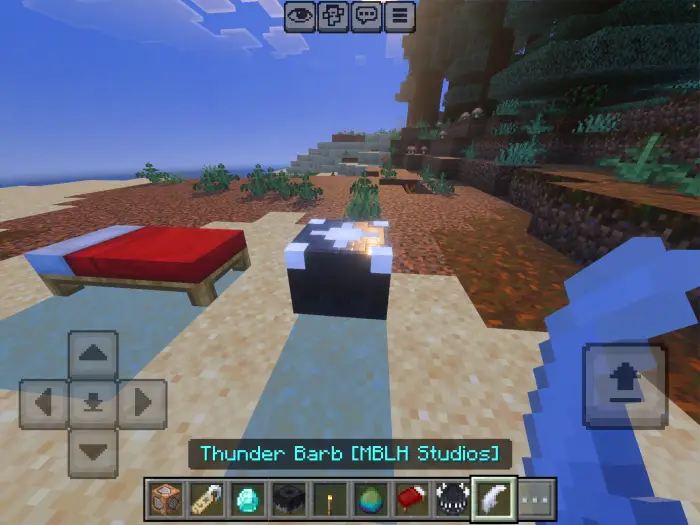 Player holds Thunder Barb near bed and block.