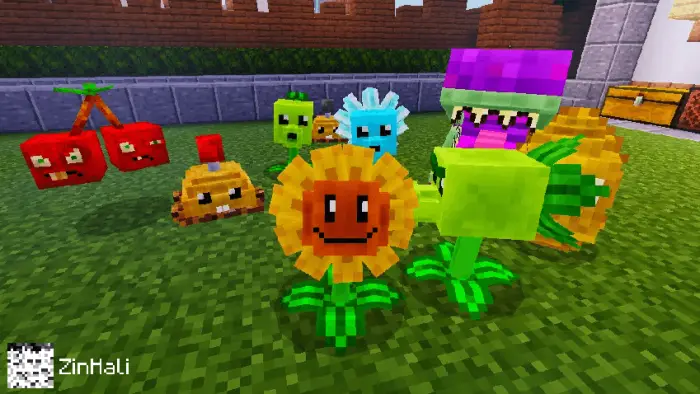 Blocky PvZ plants with smiling faces