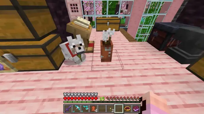 Dog and flower vase in a pink-themed room