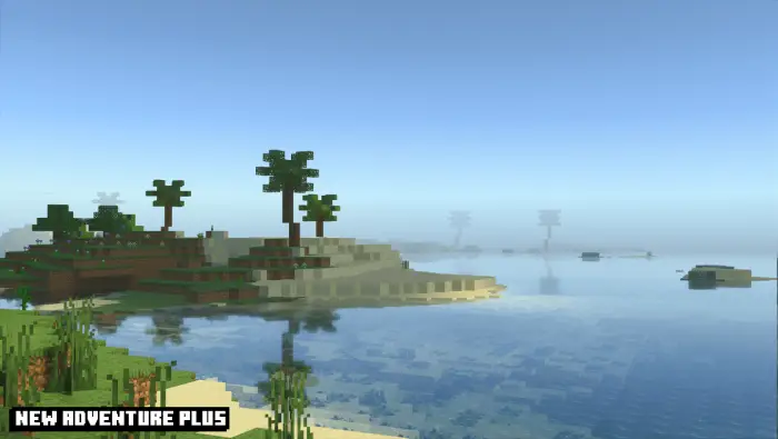 Blocky island landscape with palm trees and water