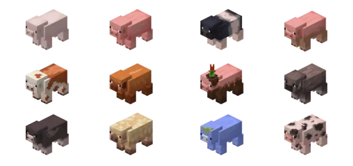 1. White pig variant with pink snout 2. Pink pig with darker pink spots 3. Black and white pig variant 4. Light pink pig with