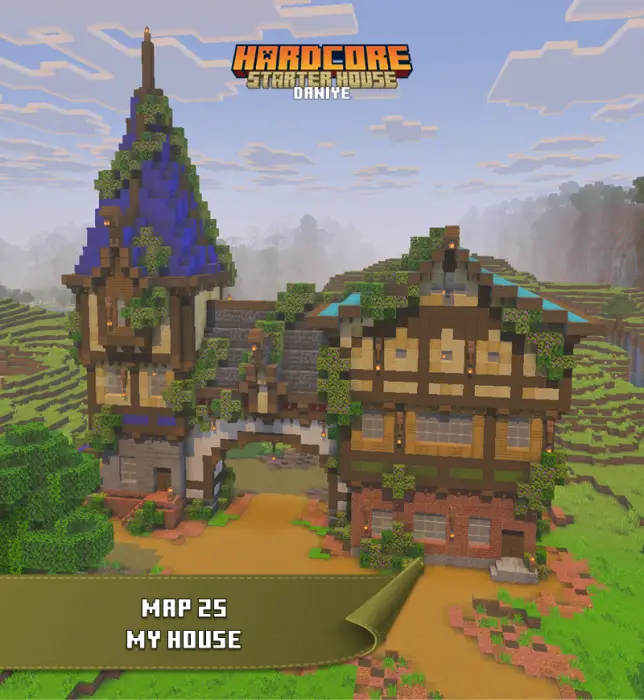 Large, detailed starter house with blue roof.