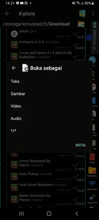 File type selection dialog in X-Plore app