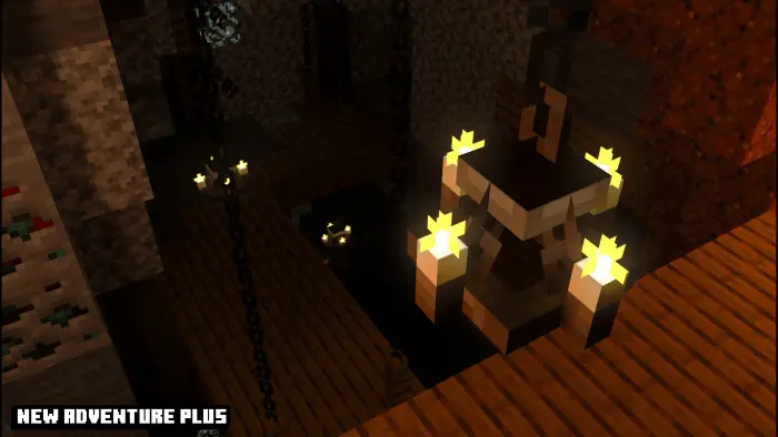 Dimly lit cave with glowing lanterns