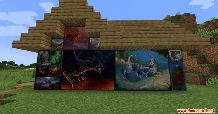 Pixel-art dragon paintings on a wooden wall