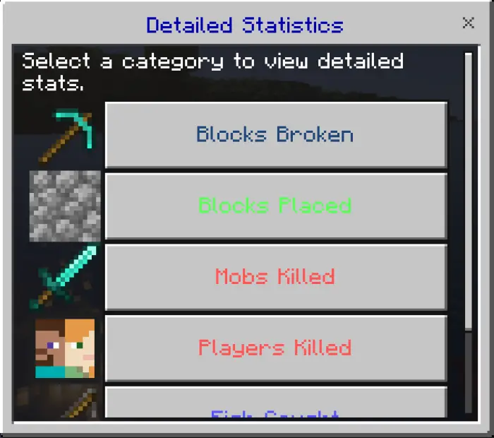Game stats menu blocks, mobs, players tracked