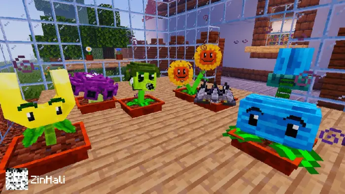 Blocky PvZ plants arranged in flower pots