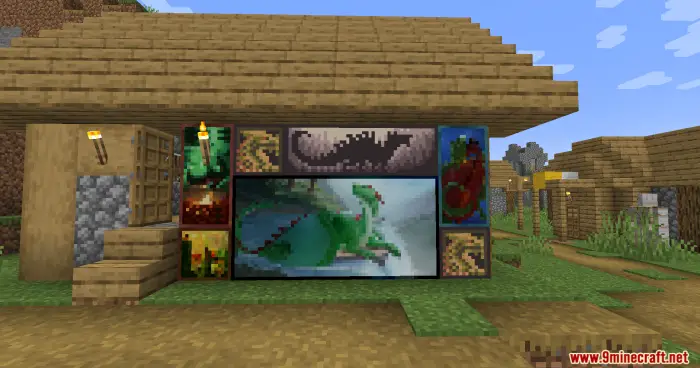 Pixel art dragon paintings on a house wall