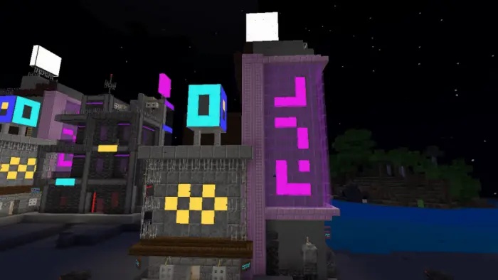 Futuristic neon-lit buildings at night