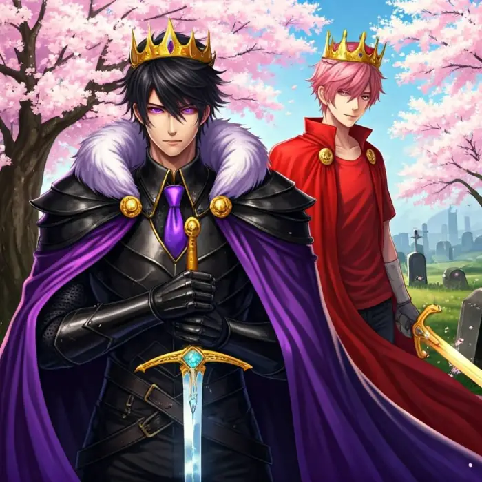 Two anime-style kings with swords and crowns.