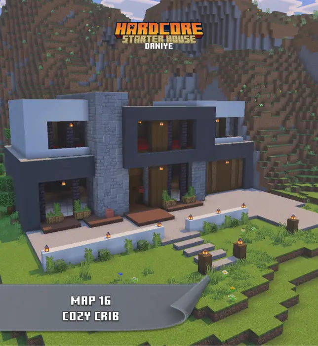 Modern block house with mountain backdrop.