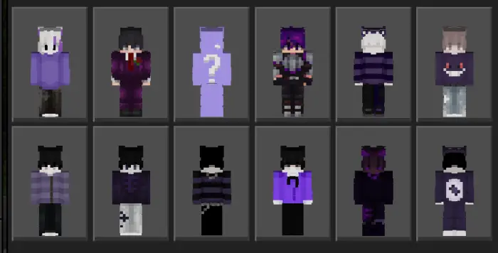 Row of twelve custom character skins, purple theme