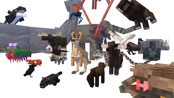 Various pixelated animals and creatures