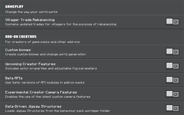 Game settings menu with addon options toggles