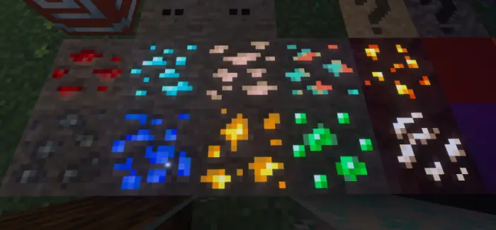 Colorful glowing mineral ores in a grid