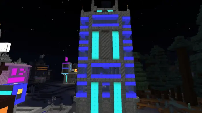 Futuristic tower with glowing blue lights