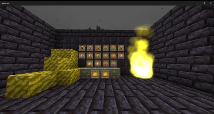 Gold blocks, potions, and fire in stone room