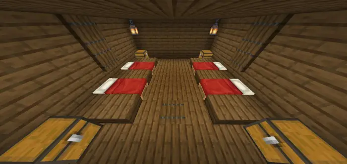 Four red beds and chests in a wood bunker