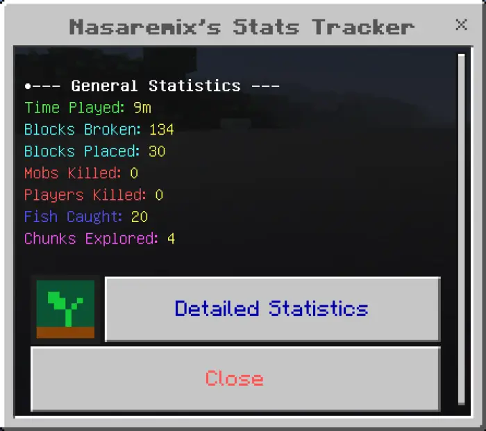Stats tracker menu with playtime and blocks.