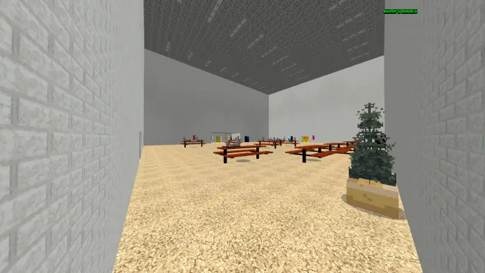 School cafeteria with benches and decorations