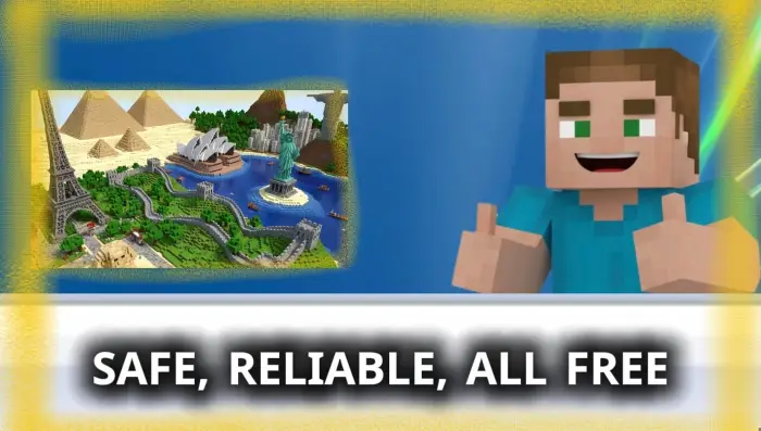 Blocky character with famous world landmarks