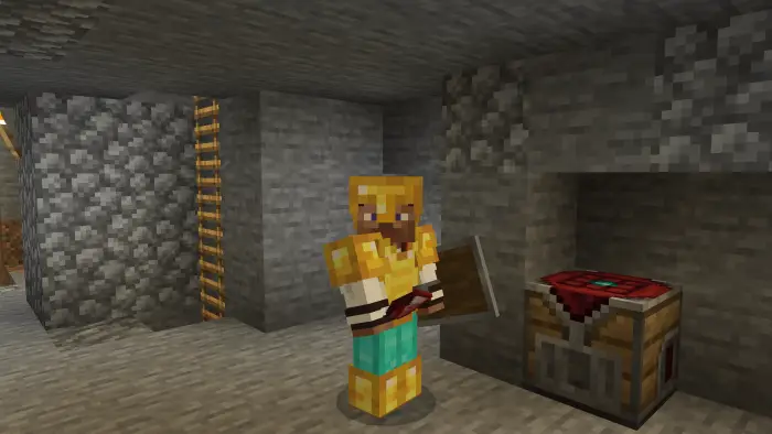 Player in armor stands beside an uncrafter table