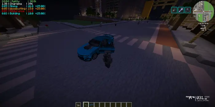 Player with gun near blue car in city at night