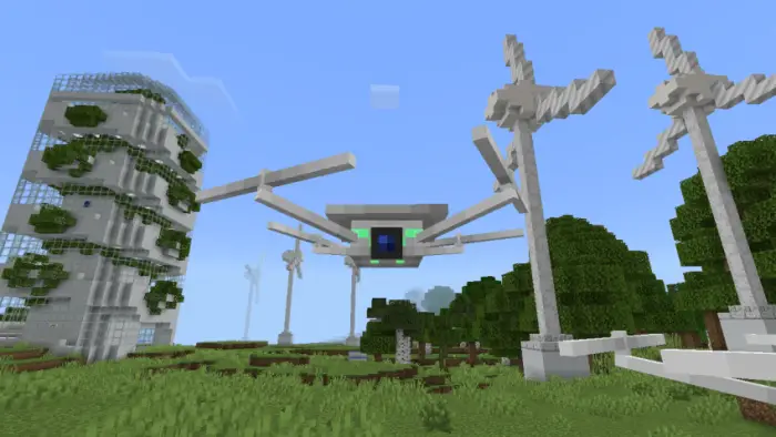 Futuristic robot and wind turbines in nature