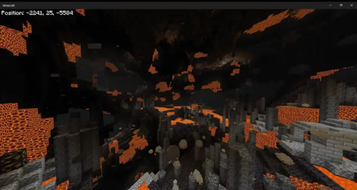 Lava-filled underground cavern with stone pillars