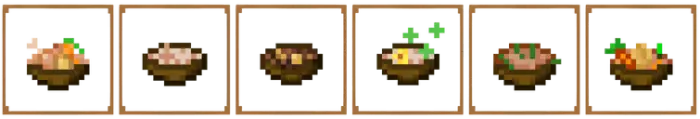 1. Pixel art bowl with salad 2. Pixel art bowl with rice 3. Pixel art bowl with stew 4. Pixel art bowl with herbs 5. Pixel ar