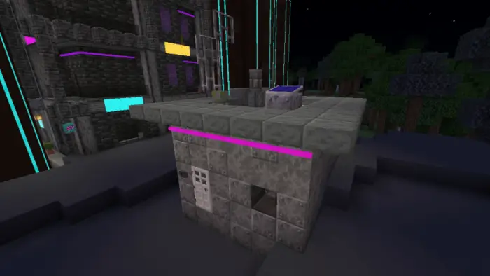 Futuristic stone building with neon accents