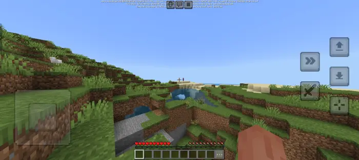 Player overlooks distant figure on grassy hills.